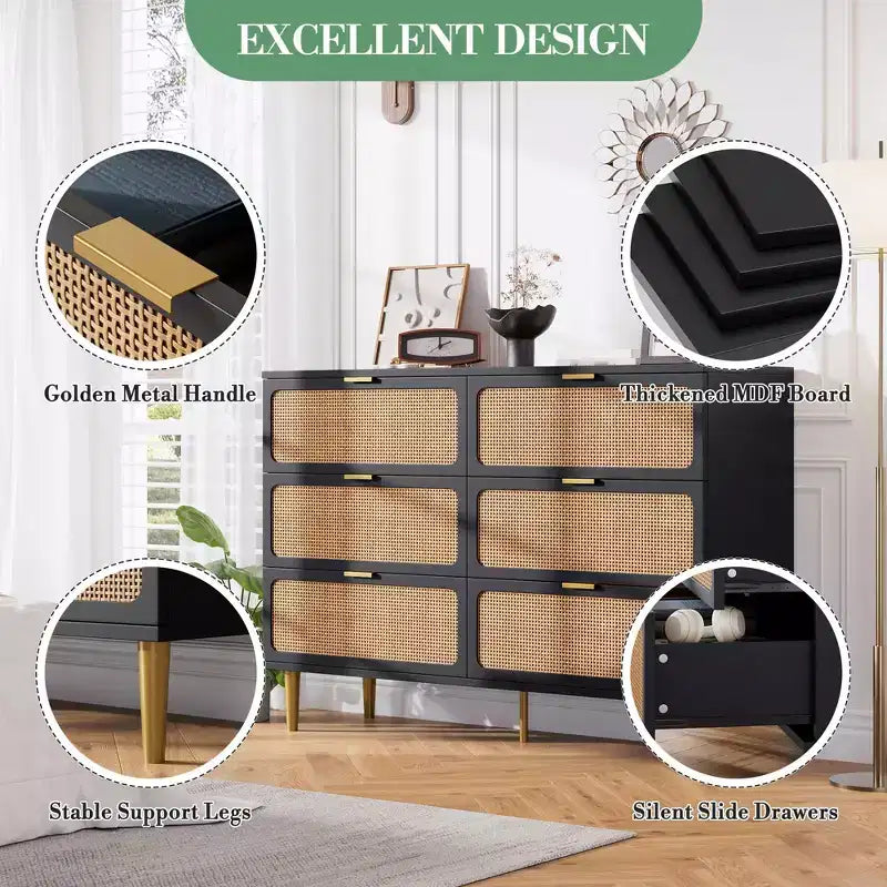 Commode 6 tiroirs en rotin noir/blanc – Utilisateur unique