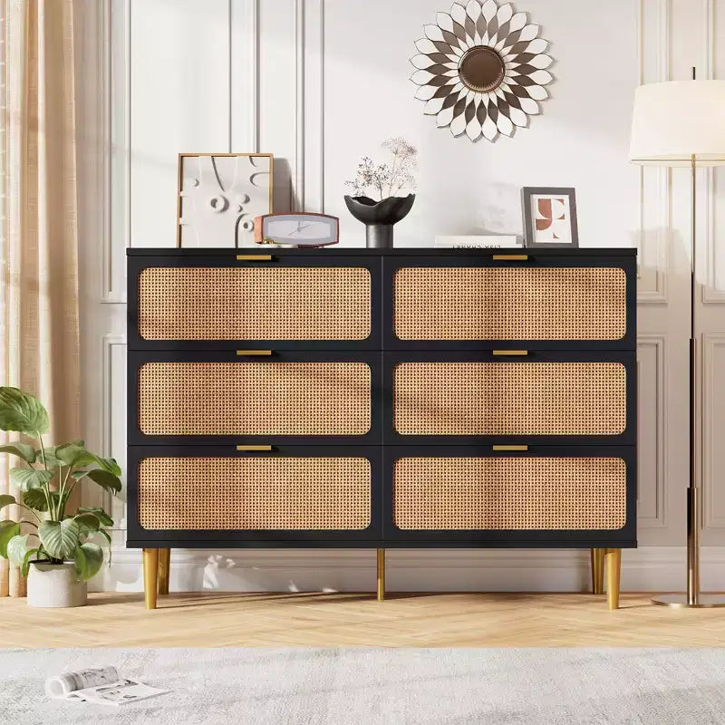 Commode 6 tiroirs en rotin noir/blanc – Utilisateur unique