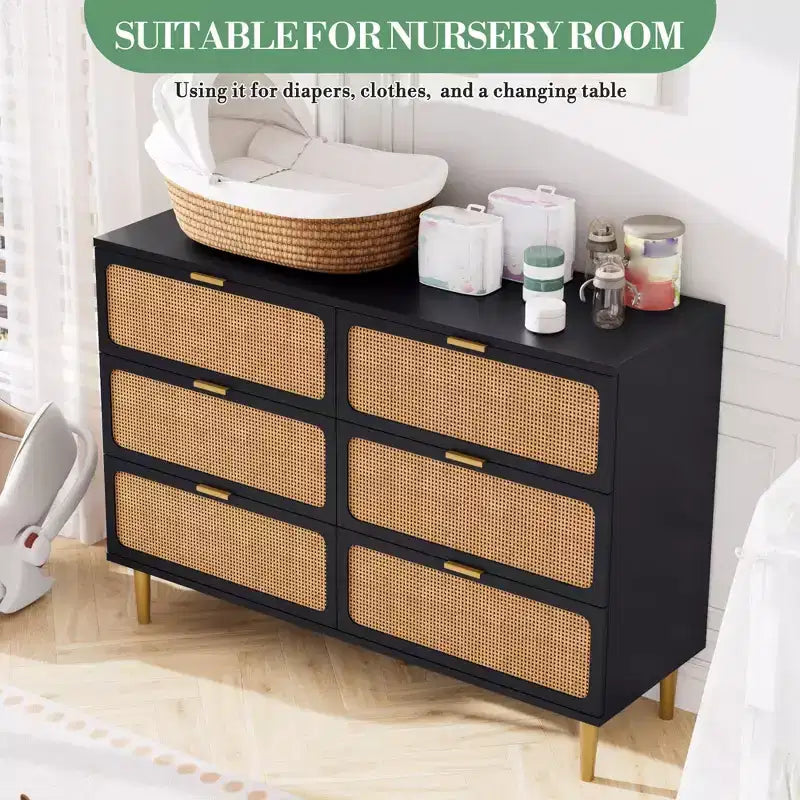Commode 6 tiroirs en rotin noir/blanc – Utilisateur unique