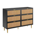 Modern Rattan 6 Drawer Dresser  Large Double Wooden Chest with Deep Storage  Horizontal Organizer for Bedroom, Closet, Hallway, Living Room