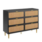 Modern Rattan 6 Drawer Dresser  Large Double Wooden Chest with Deep Storage  Horizontal Organizer for Bedroom, Closet, Hallway, Living Room