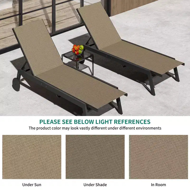 Ensemble de chaises longues de patio inclinables bleues/marron avec table d'appoint, 2 personnes