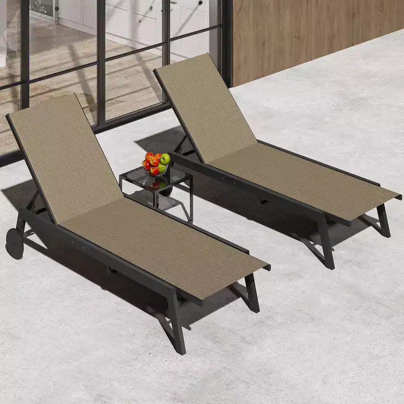 Ensemble de chaises longues de patio inclinables bleues/marron avec table d'appoint, 2 personnes