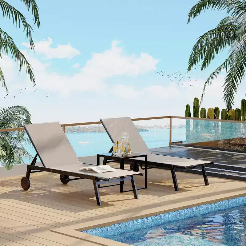 Ensemble de chaises longues de patio inclinables bleues/marron avec table d'appoint, 2 personnes