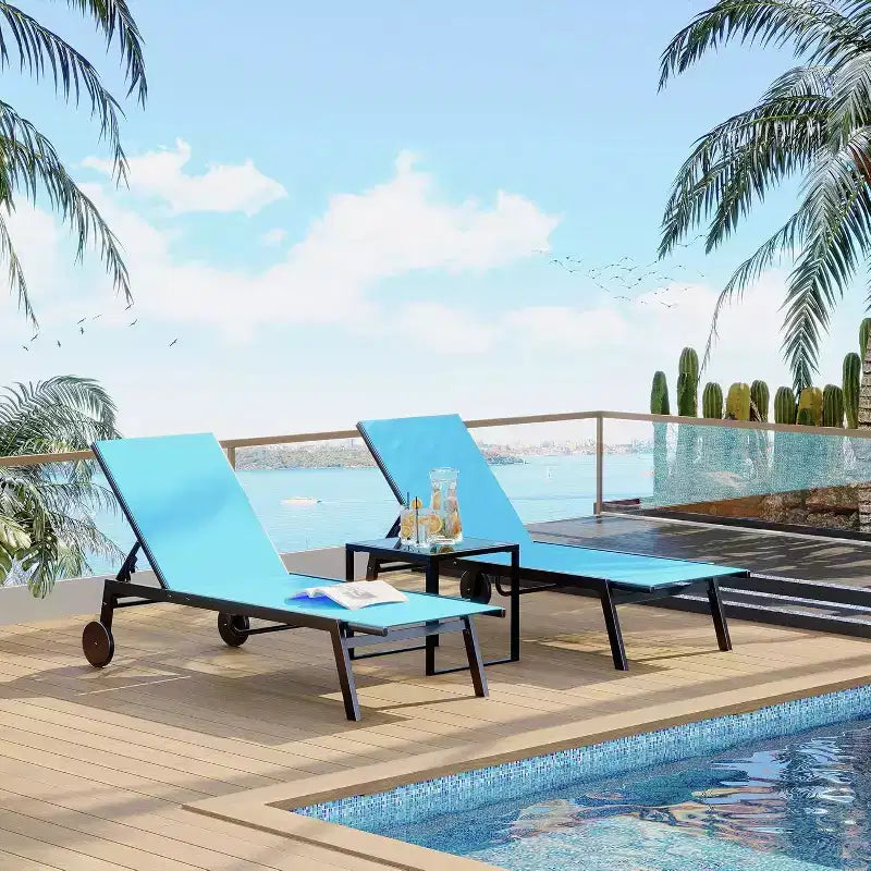 Ensemble de chaises longues de patio inclinables bleues/marron avec table d'appoint, 2 personnes