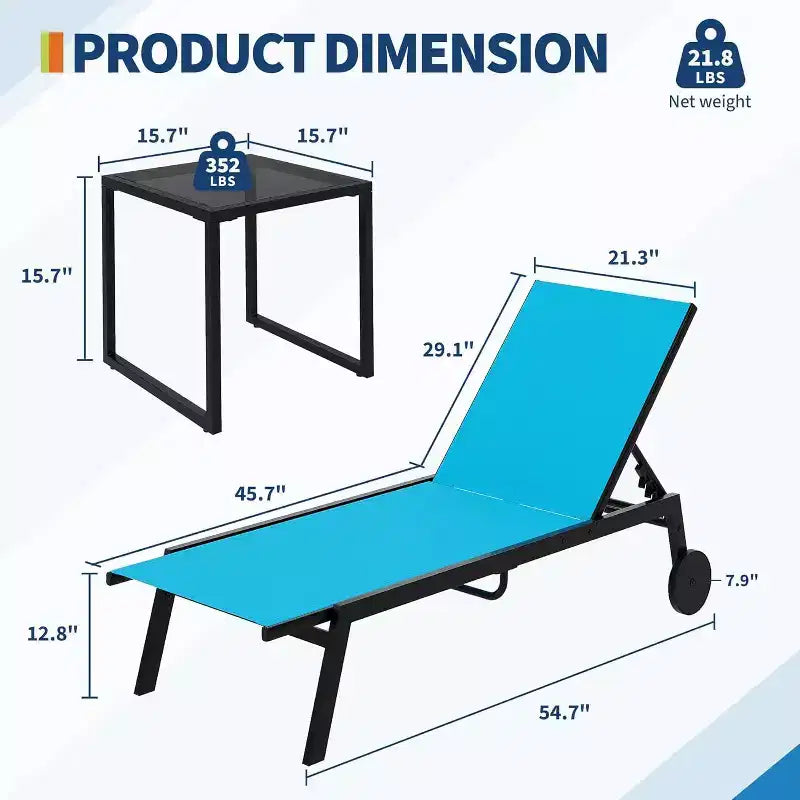 Ensemble de chaises longues de patio inclinables bleues/marron avec table d'appoint, 2 personnes
