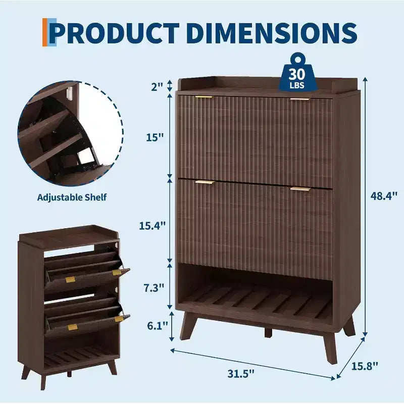 Meuble à Chaussures Étroit Cannelé Naturel avec 2 Tiroirs Abattants et Étagère Ouverte, 1 Personne