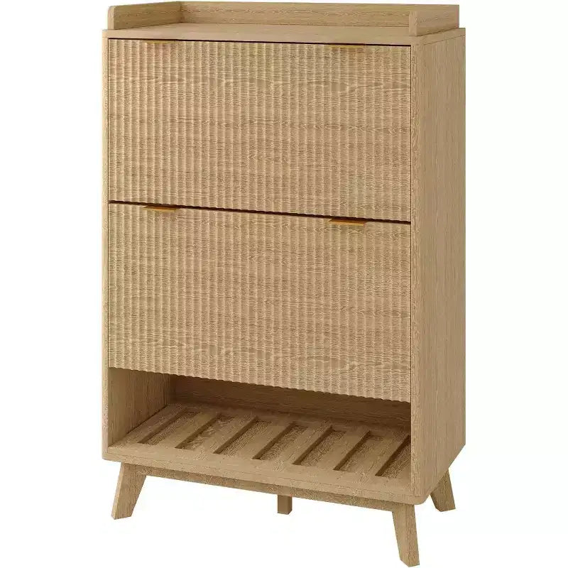 48 Tall Narrow Fluted Shoe Cabinet, Entryway Storage Organizer Shoe Organizer with Bottom Open Shelf, 2 Flip Drawers, Adjustable Shelves