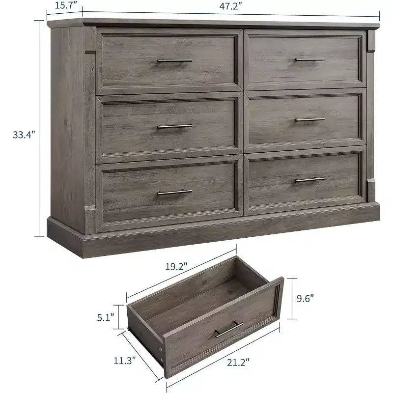 Commode 6 tiroirs marron/gris, style campagnard, pour 1 personne