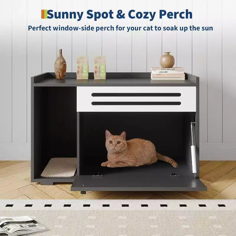 Meuble cache-litière pour chat en bois beige/noir avec porte abattante, pour 1 chat