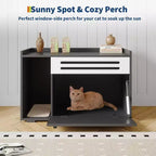 Meuble cache-litière pour chat en bois beige/noir avec porte abattante, pour 1 chat