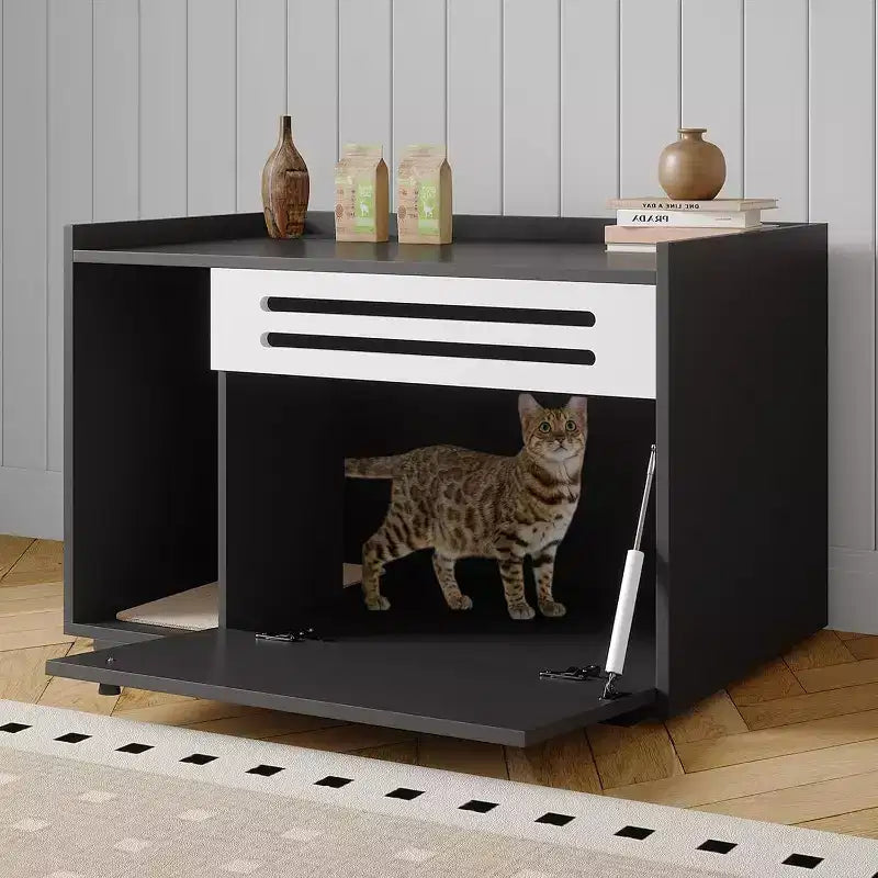 Meuble cache-litière pour chat en bois beige/noir avec porte abattante, pour 1 chat