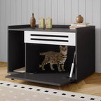 Meuble cache-litière pour chat en bois beige/noir avec porte abattante, pour 1 chat
