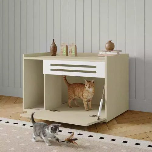 Meuble cache-litière pour chat en bois beige/noir avec porte abattante, pour 1 chat
