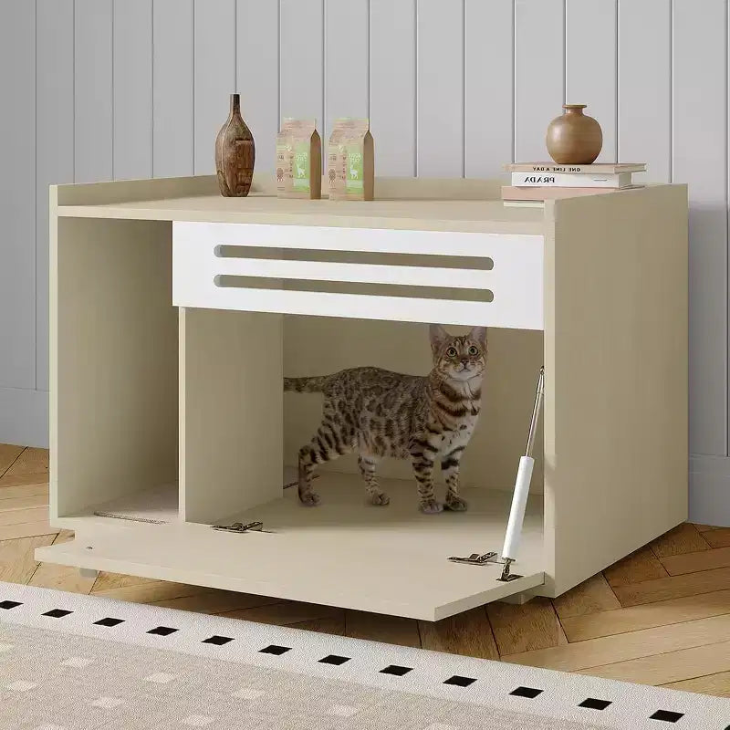 Meuble cache-litière pour chat en bois beige/noir avec porte abattante, pour 1 chat