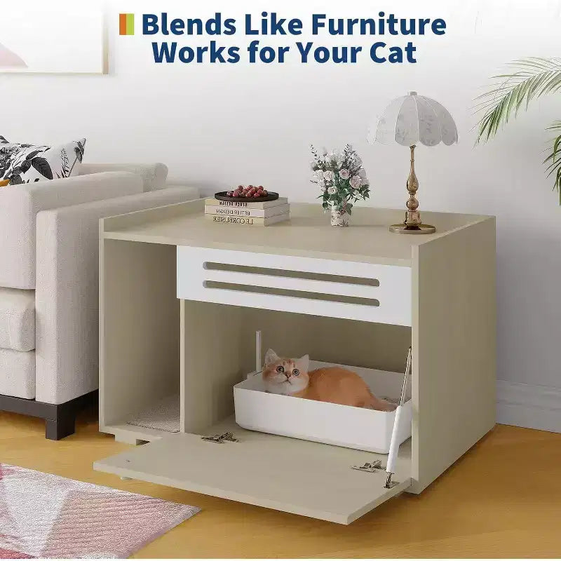 Meuble cache-litière pour chat en bois beige/noir avec porte abattante, pour 1 chat