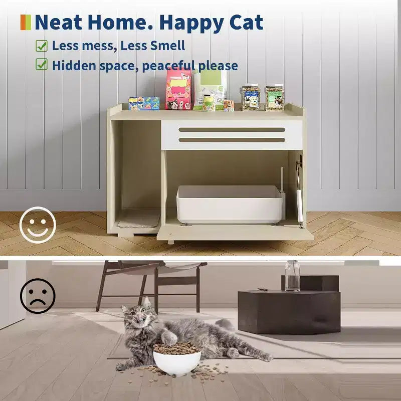 Meuble cache-litière pour chat en bois beige/noir avec porte abattante, pour 1 chat