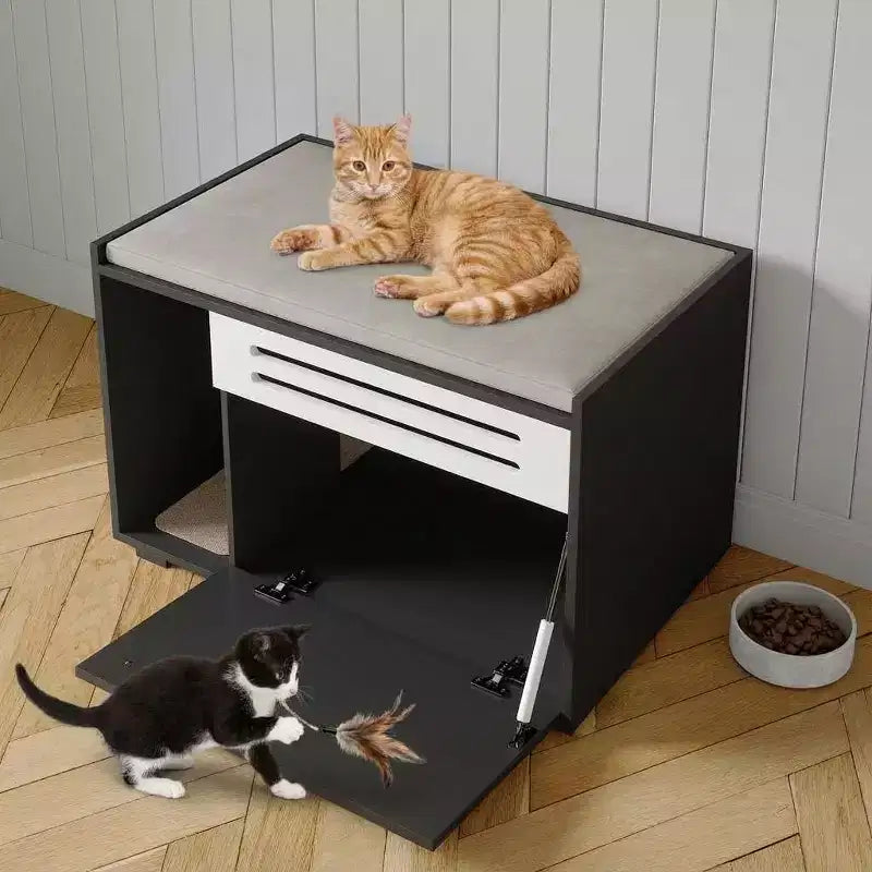 Meuble cache-litière pour chat en bois beige/noir avec porte abattante, pour 1 chat