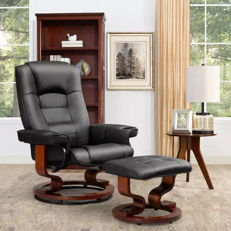 Fauteuil inclinable pivotant en similicuir marron avec ottoman, 1 personne