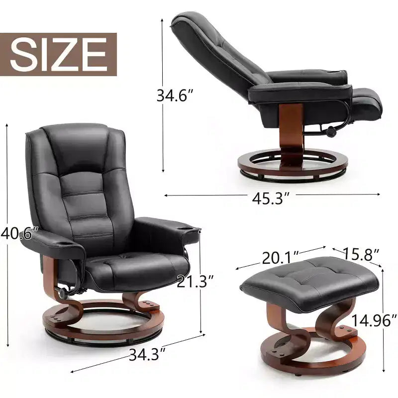 Fauteuil inclinable pivotant en similicuir marron avec ottoman, 1 personne