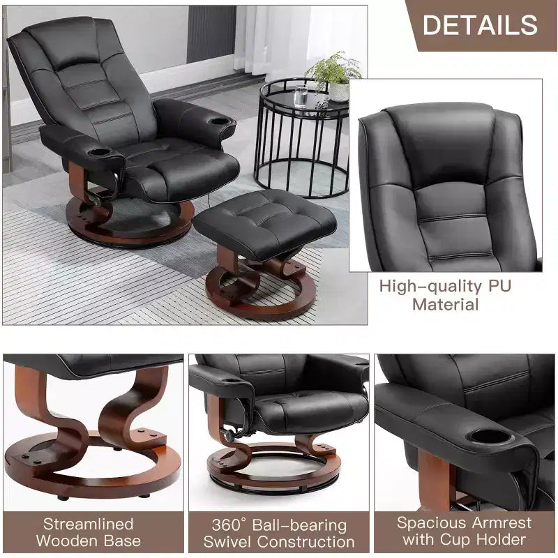 Fauteuil inclinable pivotant en similicuir marron avec ottoman, 1 personne