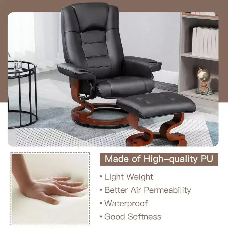 Fauteuil inclinable pivotant en similicuir marron avec ottoman, 1 personne