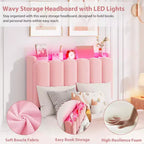 Lit jumeau avec tête de lit bibliothèque ondulée, LED RVB et 2 tiroirs – Rose foncé / Rose / Blanc, 1 personne