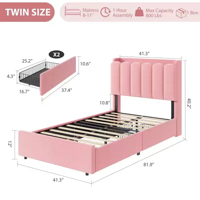 Lit jumeau avec tête de lit bibliothèque ondulée, LED RVB et 2 tiroirs – Rose foncé / Rose / Blanc, 1 personne
