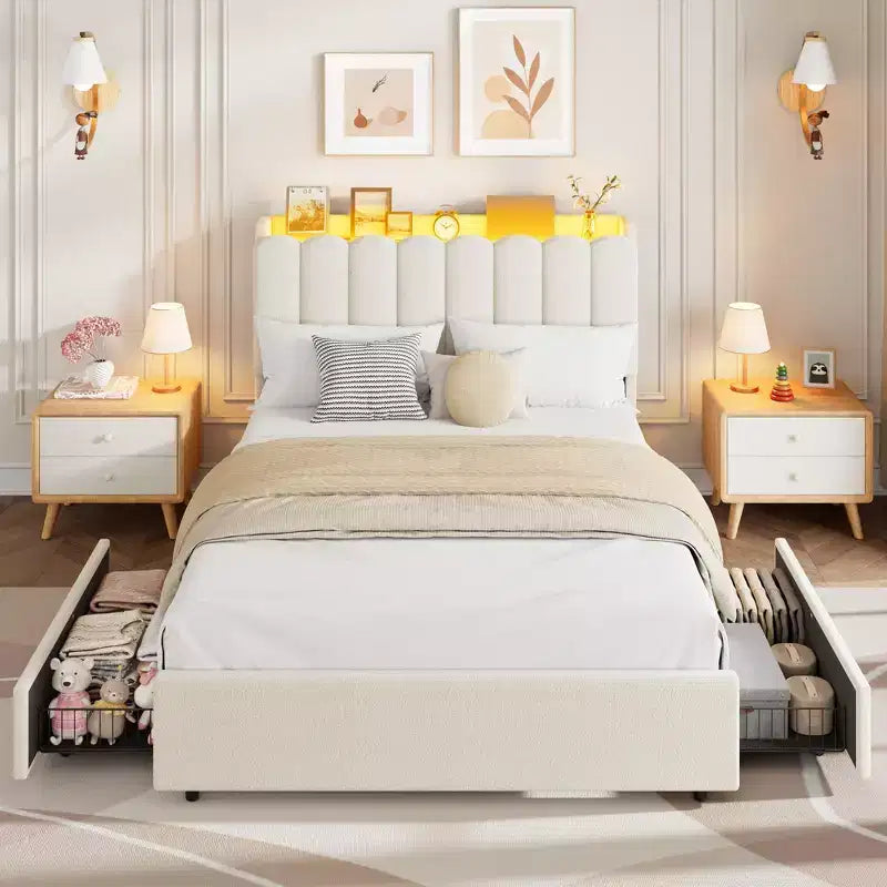 Lit jumeau avec tête de lit bibliothèque ondulée, LED RVB et 2 tiroirs – Rose foncé / Rose / Blanc, 1 personne