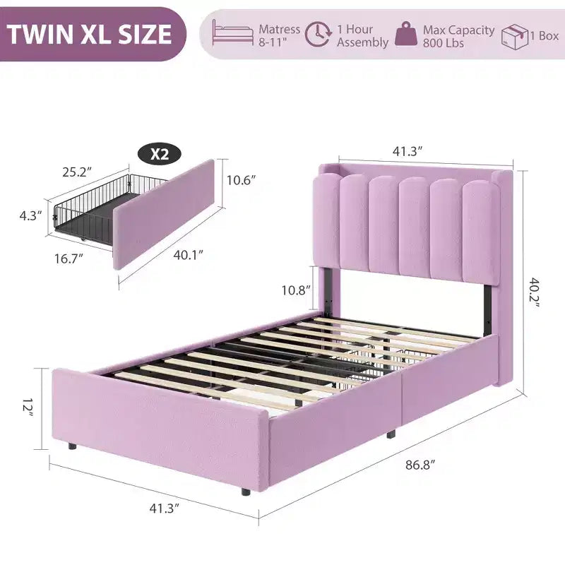 Lit jumeau avec tête de lit bibliothèque ondulée, LED RVB et 2 tiroirs – Rose foncé / Rose / Blanc, 1 personne