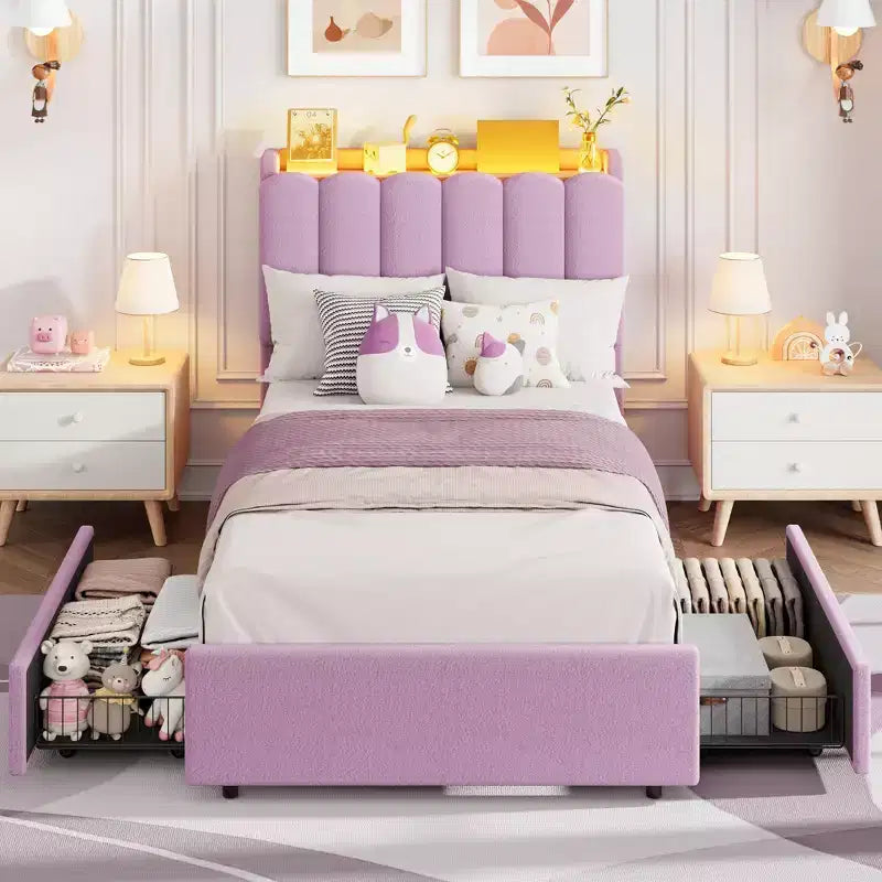 Lit jumeau avec tête de lit bibliothèque ondulée, LED RVB et 2 tiroirs – Rose foncé / Rose / Blanc, 1 personne