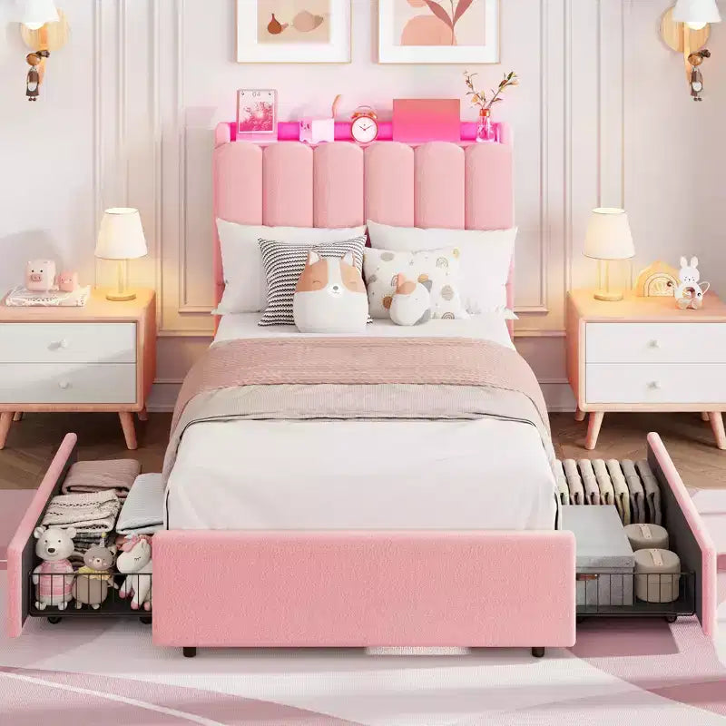 Lit jumeau avec tête de lit bibliothèque ondulée, LED RVB et 2 tiroirs – Rose foncé / Rose / Blanc, 1 personne