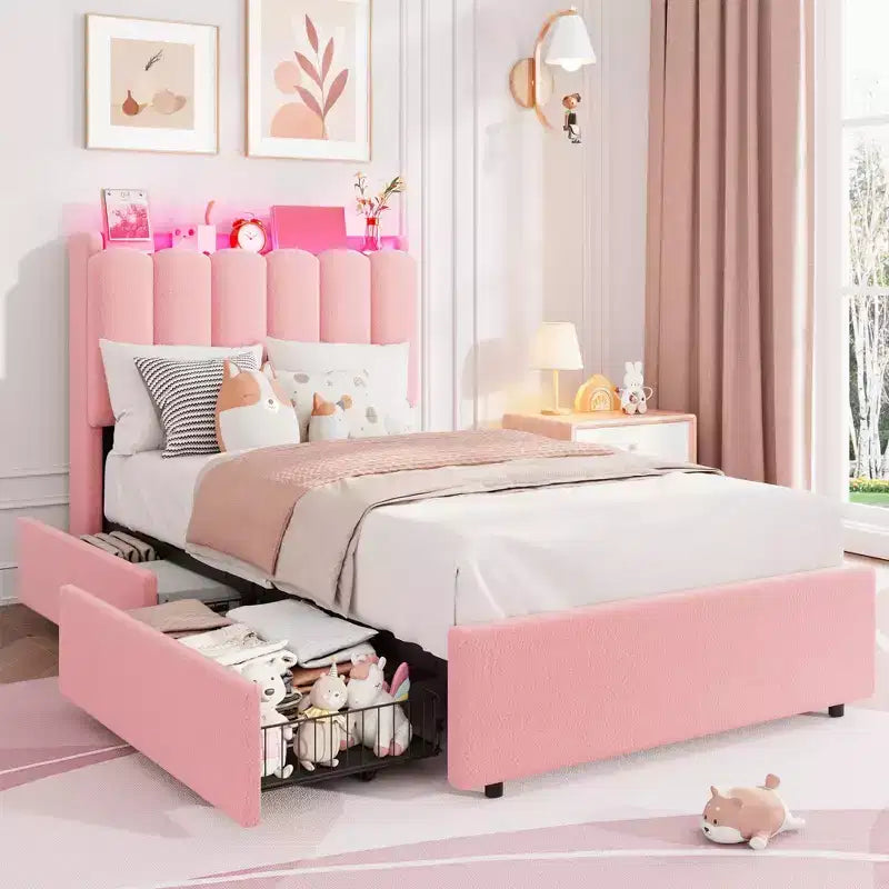 Acekool Bed with Bookcase Headboard, Drawers & RGB LED, Wavy Storage Bed Frame for Kids Bedroom