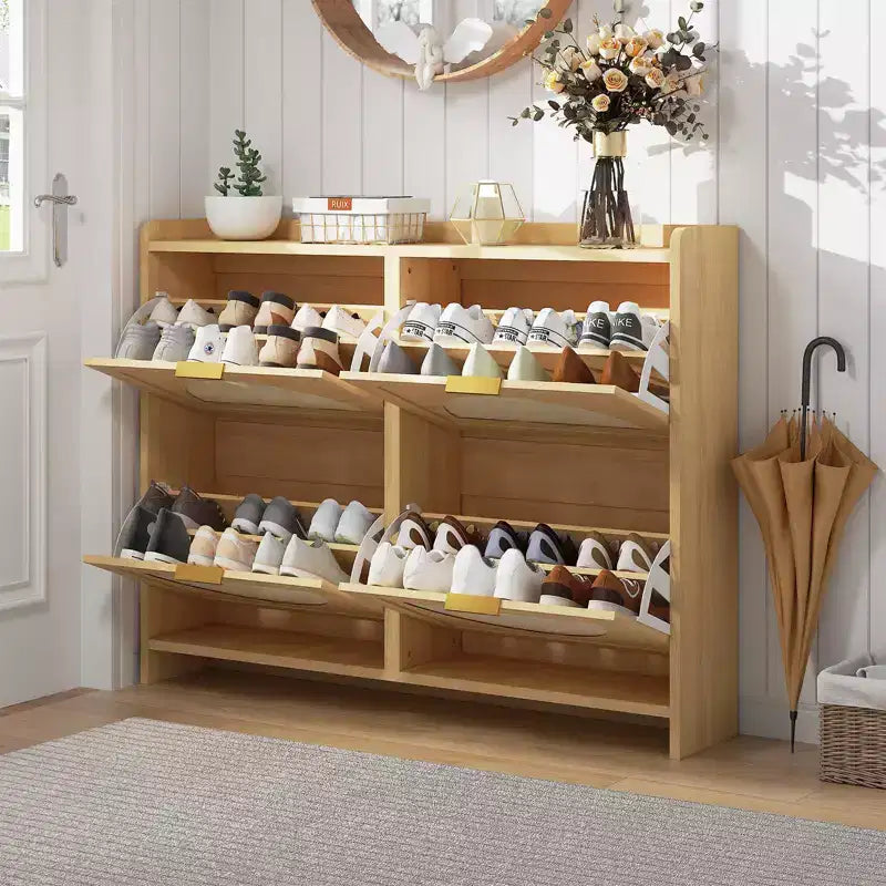 Meuble à chaussures 4 niveaux en rotin marron avec abattant, entrée simple