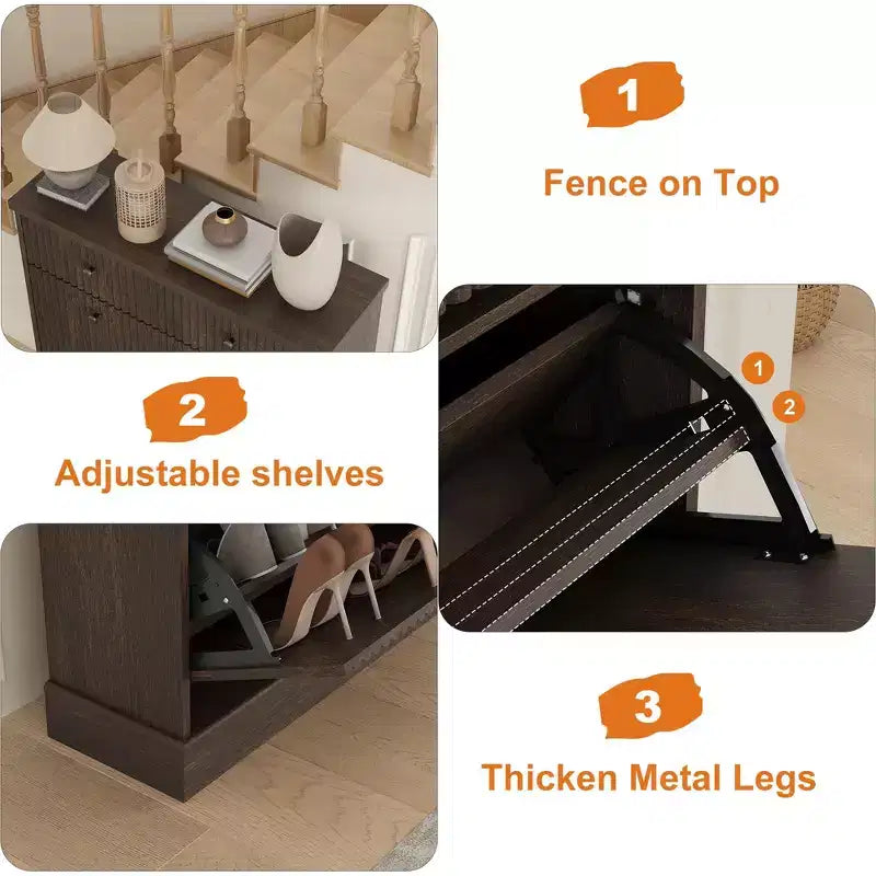 Meuble à chaussures cannelé en noyer, 107 cm de haut, 2 tiroirs basculants + tiroir supérieur, capacité 1 paire