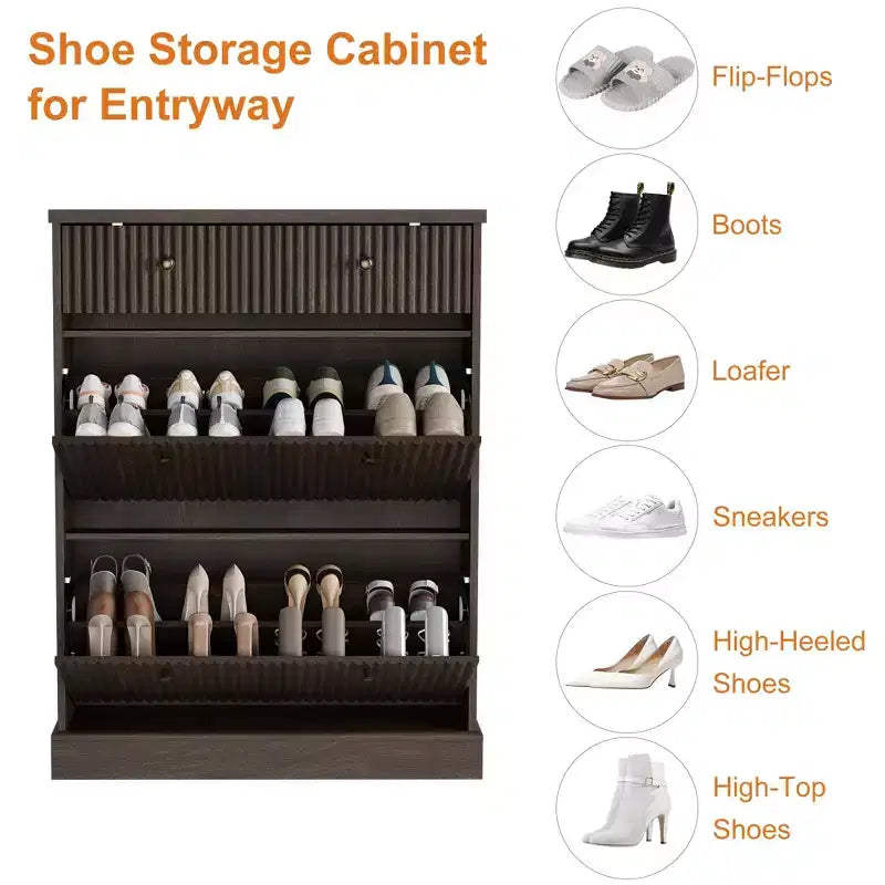 Meuble à chaussures cannelé en noyer, 107 cm de haut, 2 tiroirs basculants + tiroir supérieur, capacité 1 paire