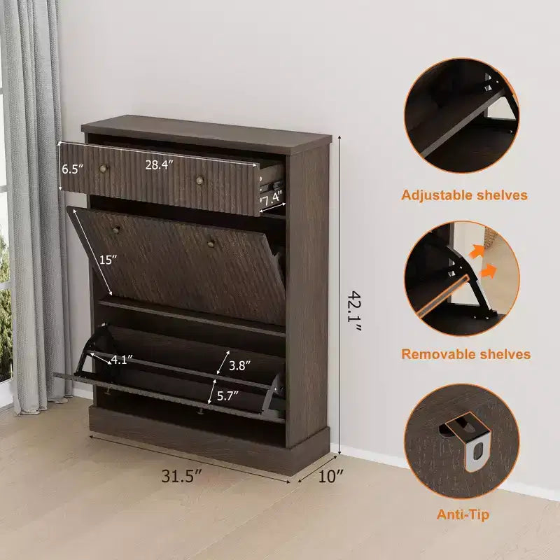Meuble à chaussures cannelé en noyer, 107 cm de haut, 2 tiroirs basculants + tiroir supérieur, capacité 1 paire