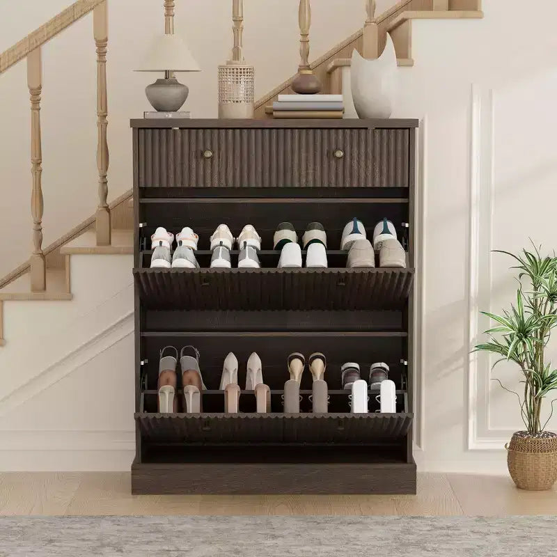 Meuble à chaussures cannelé en noyer, 107 cm de haut, 2 tiroirs basculants + tiroir supérieur, capacité 1 paire