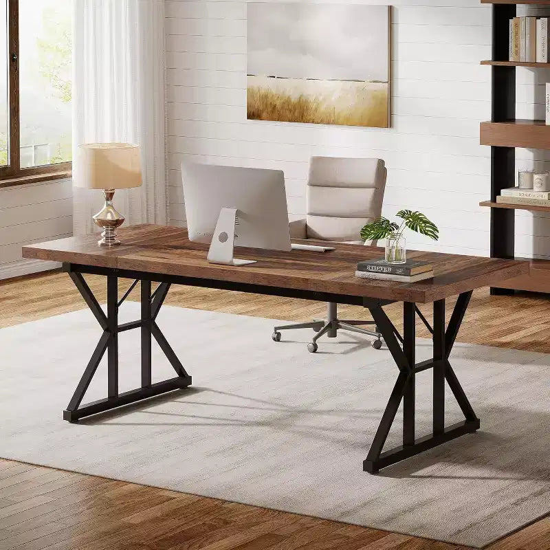 Lantine 70.86-Inch Large Executive Desk, Industrial Home Office Computer Desk, Simple Long Writing Study Table Business Furniture (Brown/Black)