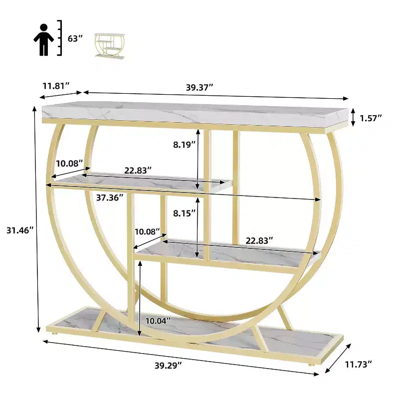 Console 4 niveaux avec rangement ouvert – Plateau imitation marbre, cadre en métal, plusieurs couleurs