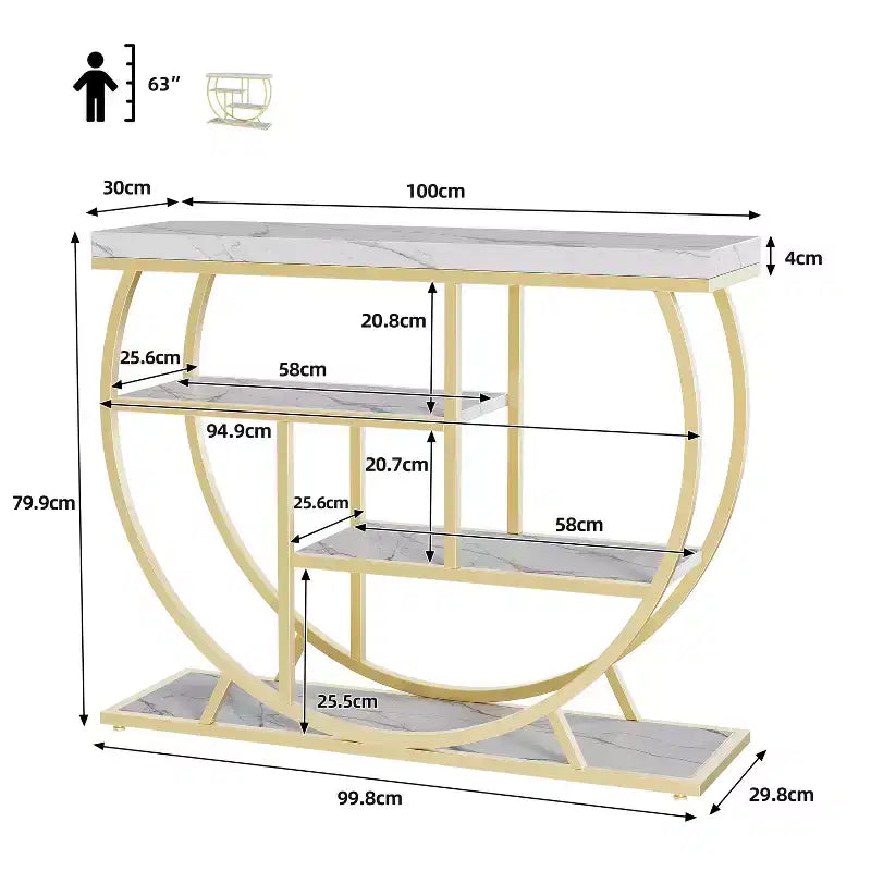 Console 4 niveaux avec rangement ouvert – Plateau imitation marbre, cadre en métal, plusieurs couleurs