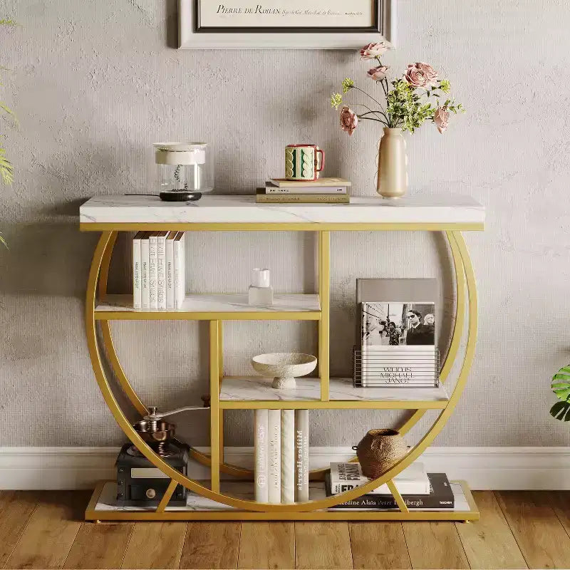 Console 4 niveaux avec rangement ouvert – Plateau imitation marbre, cadre en métal, plusieurs couleurs
