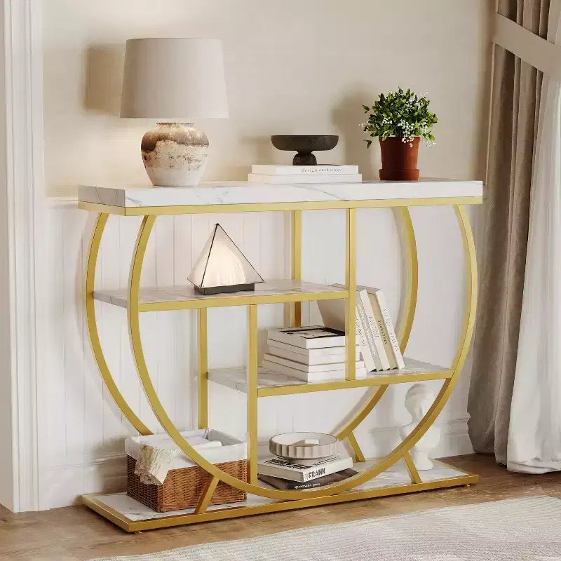 Console 4 niveaux avec rangement ouvert – Plateau imitation marbre, cadre en métal, plusieurs couleurs