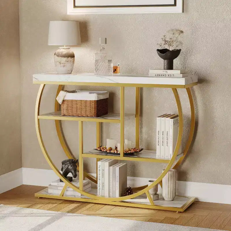 Console 4 niveaux avec rangement ouvert – Plateau imitation marbre, cadre en métal, plusieurs couleurs