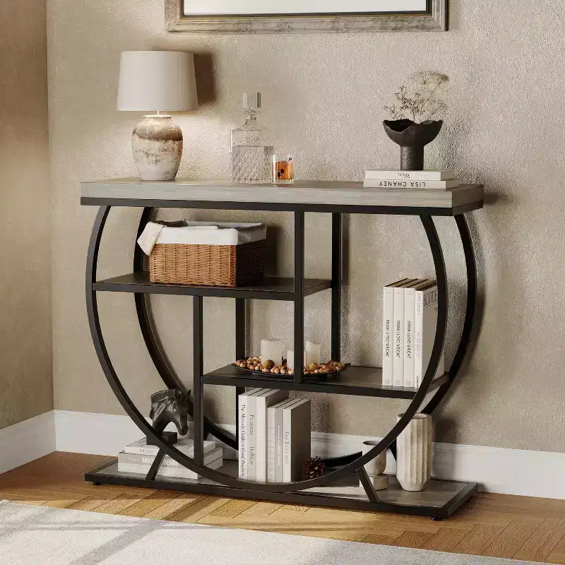 Console 4 niveaux avec rangement ouvert – Plateau imitation marbre, cadre en métal, plusieurs couleurs