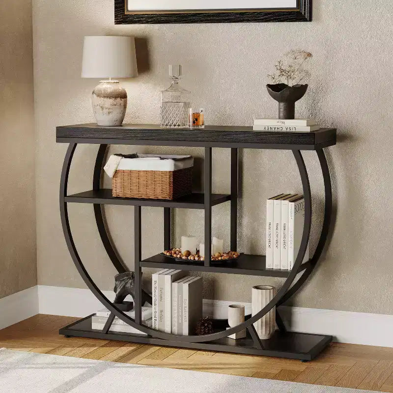 Console 4 niveaux avec rangement ouvert – Plateau imitation marbre, cadre en métal, plusieurs couleurs