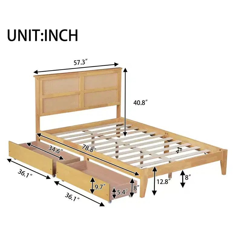 Lit plateforme avec tête de lit en rotin naturel, coloris Expresso / Chêne blanc – Double / Grand / Très grand