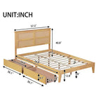 Lit plateforme avec tête de lit en rotin naturel, coloris Expresso / Chêne blanc – Double / Grand / Très grand