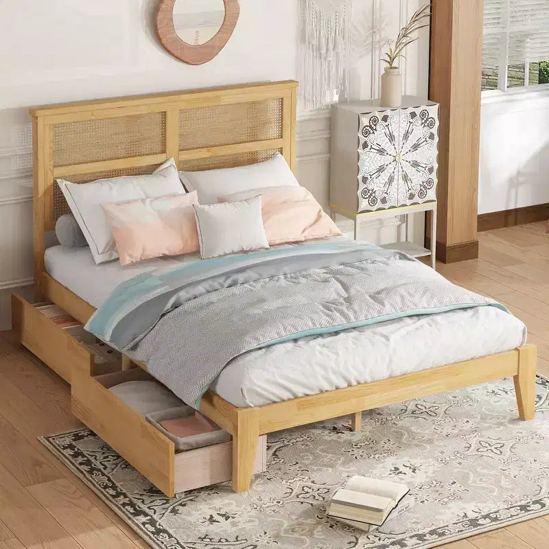 Lit plateforme avec tête de lit en rotin naturel, coloris Expresso / Chêne blanc – Double / Grand / Très grand