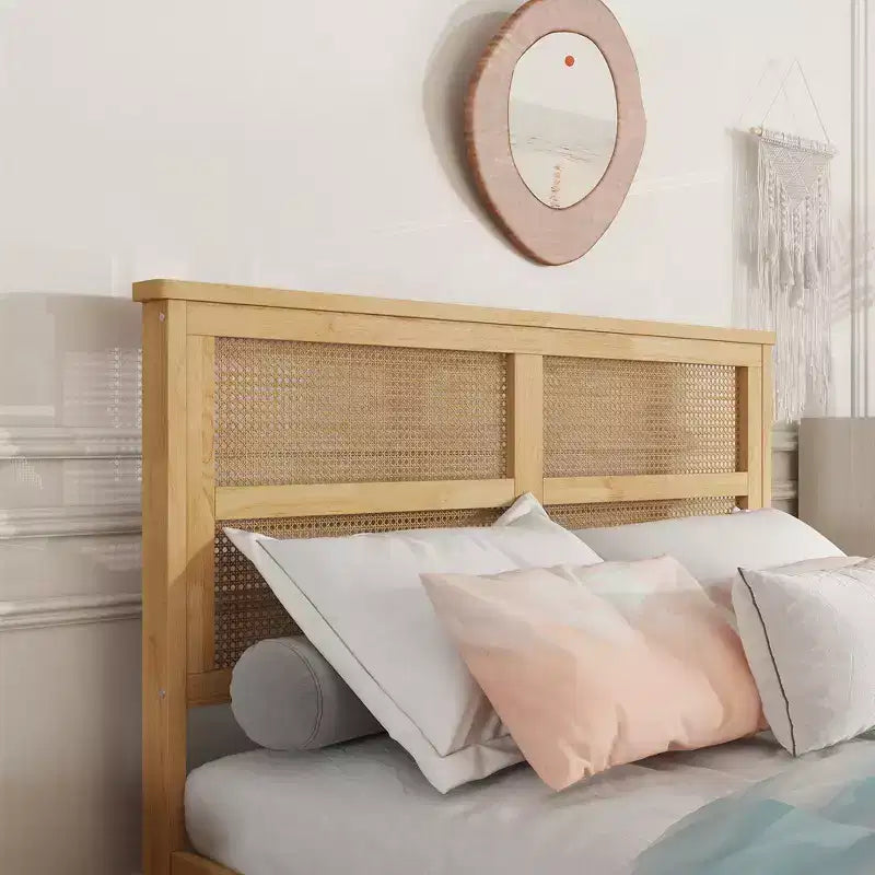 Lit plateforme avec tête de lit en rotin naturel, coloris Expresso / Chêne blanc – Double / Grand / Très grand